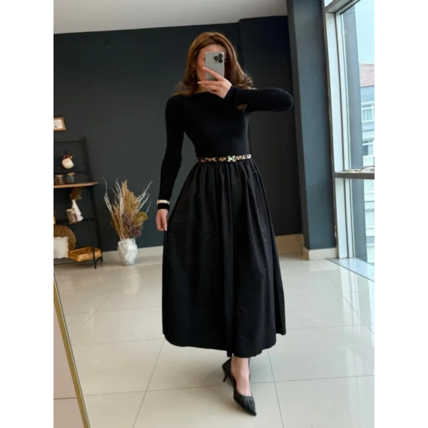 Kadın Uzun Kollu Bisiklet Yaka Uzun üst Viskon Alt Trikoton Elbise