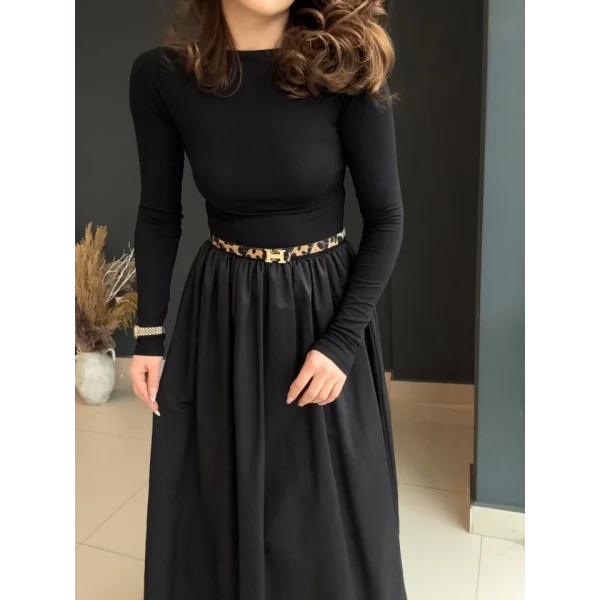 Kadın Uzun Kollu Bisiklet Yaka Uzun üst Viskon Alt Trikoton Elbise