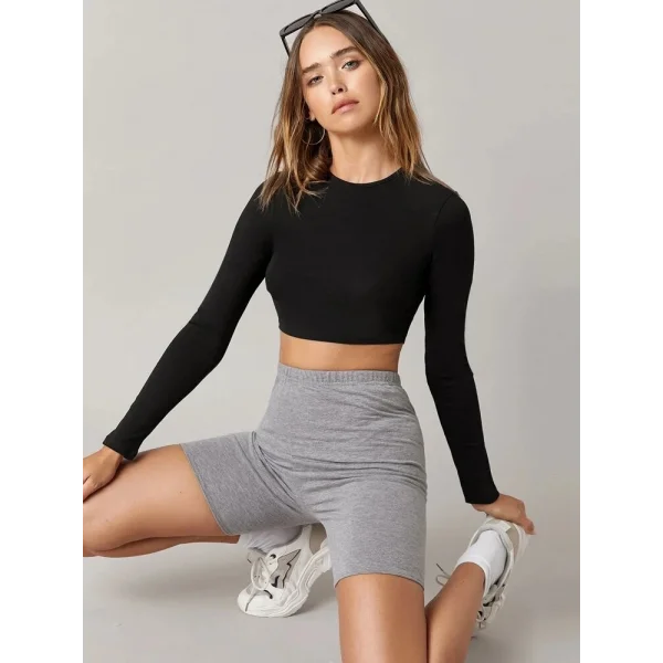 Kadın Uzun Kollu Bisiklet Yaka Viskon Crop