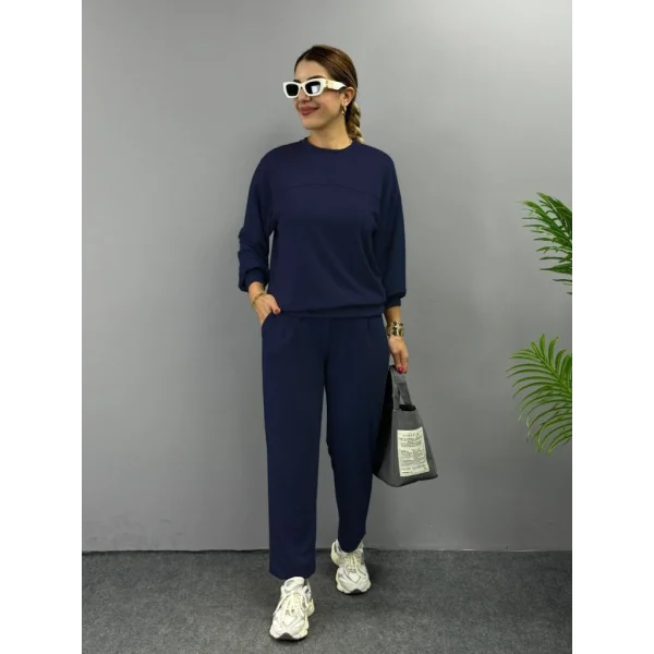 Kadın Uzun Kollu Bisiklet Yaka Viskon Iki Iplik Bluz Ve Pantolon Ikili Takım