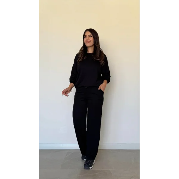 Kadın Uzun Kollu Bisiklet Yaka Viskon Iki Iplik Bluz Ve Pantolon Ikili Takım