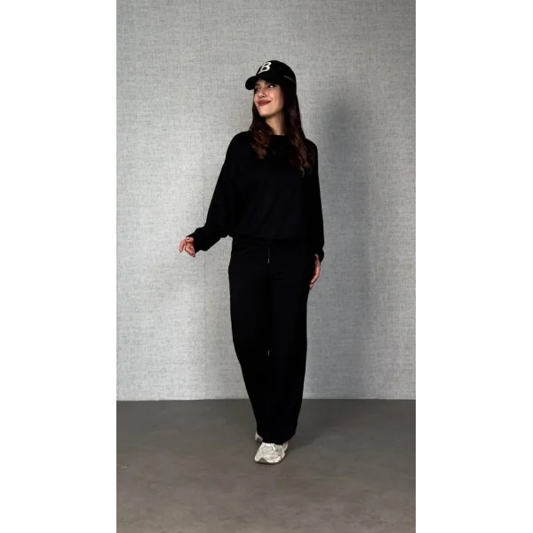 Kadın Uzun Kollu Bisiklet Yaka Viskon Iki Iplik Bluz Ve Pantolon Ikili Takım