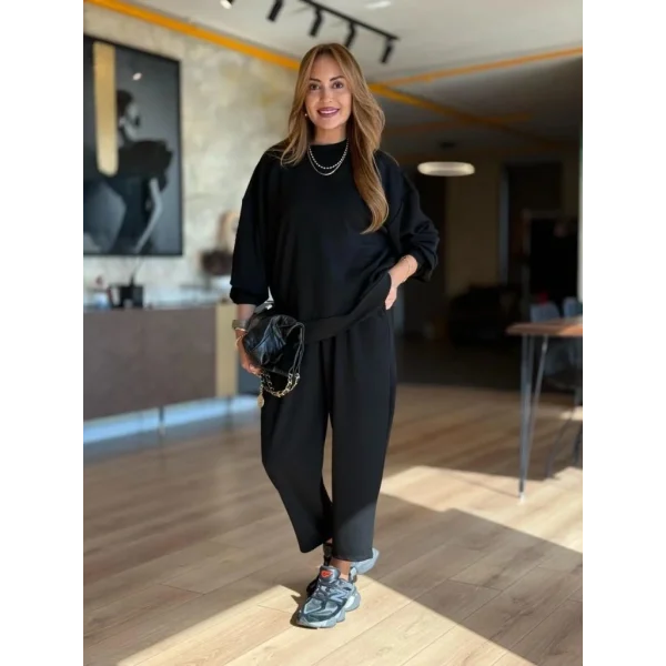 Kadın Uzun Kollu Bisiklet Yaka Viskon Iki Iplik Bluz Ve Pantolon Ikili Takım