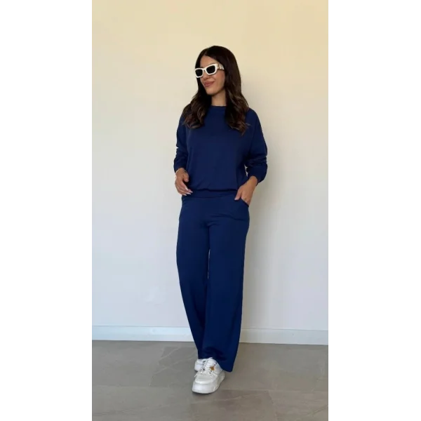 Kadın Uzun Kollu Bisiklet Yaka Viskon Iki Iplik Bluz Ve Pantolon Ikili Takım