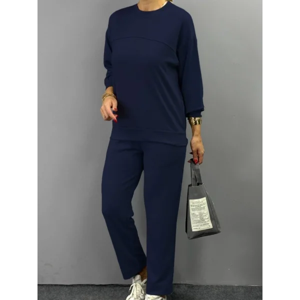 Kadın Uzun Kollu Bisiklet Yaka Viskon Iki Iplik Bluz Ve Pantolon Ikili Takım