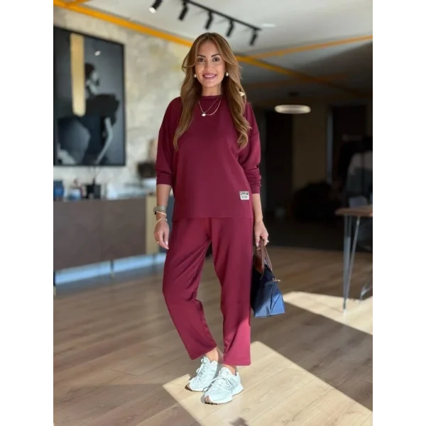 Kadın Uzun Kollu Bisiklet Yaka Viskon Iki Iplik Bluz Ve Pantolon Ikili Takım
