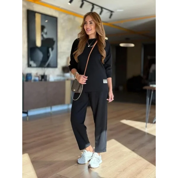 Kadın Uzun Kollu Bisiklet Yaka Viskon Iki Iplik Bluz Ve Pantolon Ikili Takım