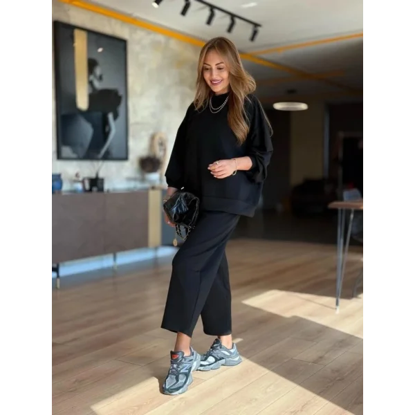 Kadın Uzun Kollu Bisiklet Yaka Viskon Iki Iplik Bluz Ve Pantolon Ikili Takım