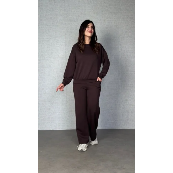 Kadın Uzun Kollu Bisiklet Yaka Viskon Iki Iplik Bluz Ve Pantolon Ikili Takım