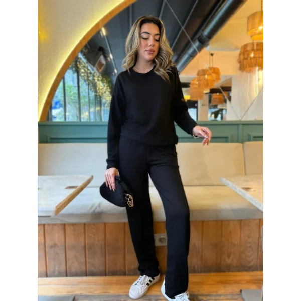 Kadın Uzun Kollu Bisiklet Yaka Viskon Iki Iplik Bluz Ve Pantolon Ikili Takım