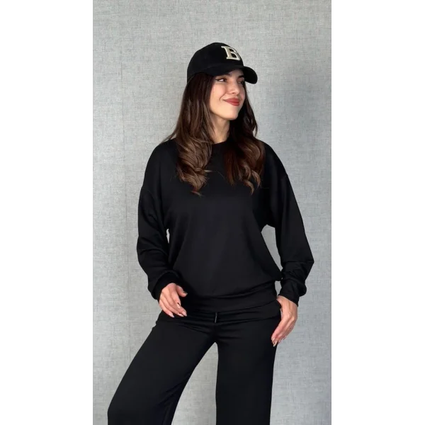 Kadın Uzun Kollu Bisiklet Yaka Viskon Iki Iplik Bluz Ve Pantolon Ikili Takım