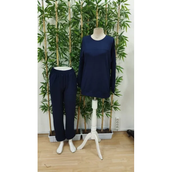 Kadın Uzun Kollu Bisiklet Yaka Viskon Iki Iplik Bluz Ve Pantolon Ikili Takım