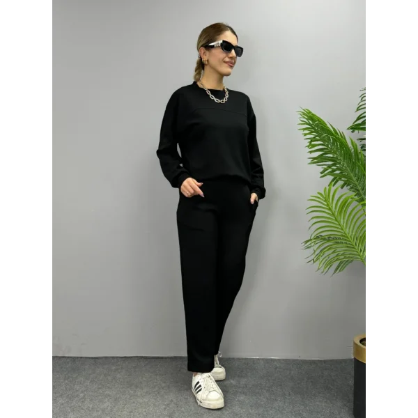 Kadın Uzun Kollu Bisiklet Yaka Viskon Iki Iplik Bluz Ve Pantolon Ikili Takım