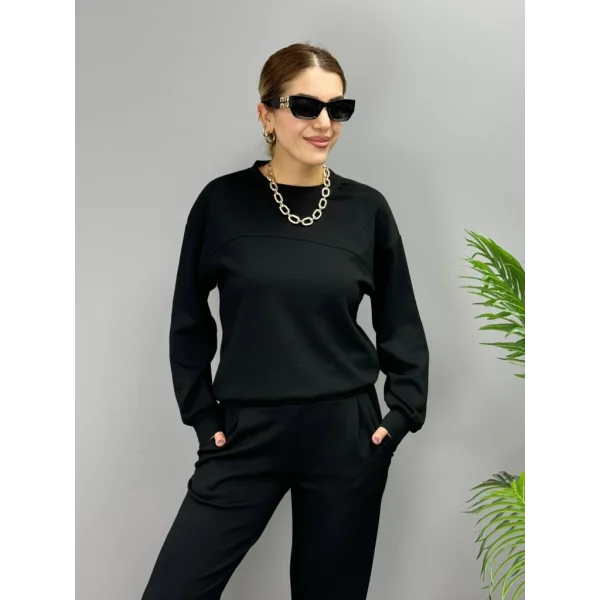 Kadın Uzun Kollu Bisiklet Yaka Viskon Iki Iplik Bluz Ve Pantolon Ikili Takım