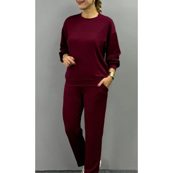 Kadın Uzun Kollu Bisiklet Yaka Viskon Iki Iplik Bluz Ve Pantolon Ikili Takım