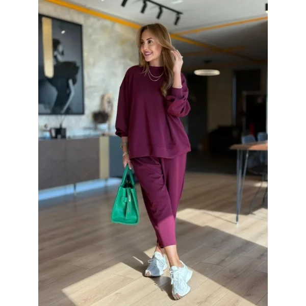 Kadın Uzun Kollu Bisiklet Yaka Viskon Iki Iplik Mor Bluz Ve Pantolon Ikili Takım