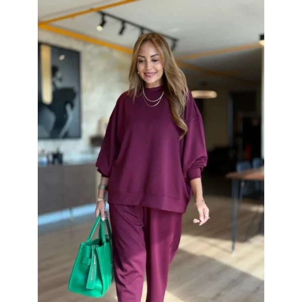 Kadın Uzun Kollu Bisiklet Yaka Viskon Iki Iplik Mor Bluz Ve Pantolon Ikili Takım