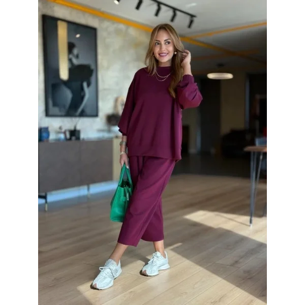 Kadın Uzun Kollu Bisiklet Yaka Viskon Iki Iplik Mor Bluz Ve Pantolon Ikili Takım