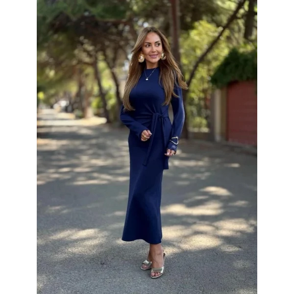 Kadın Uzun Kollu Bisiklet Yaka Yandan Bağlamalı Uzun Modal Elbise