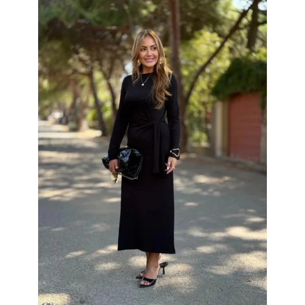 Kadın Uzun Kollu Bisiklet Yaka Yandan Bağlamalı Uzun Modal Elbise