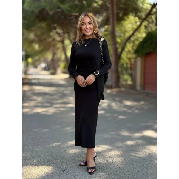 Kadın Uzun Kollu Bisiklet Yaka Yandan Bağlamalı Uzun Modal Elbise