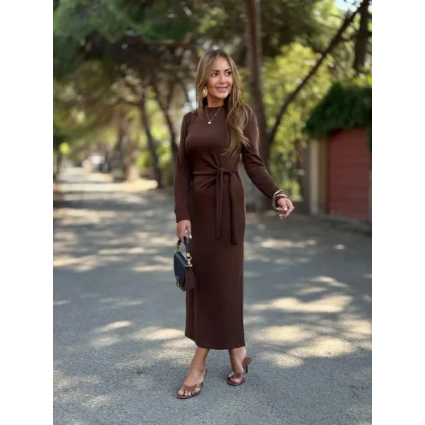 Kadın Uzun Kollu Bisiklet Yaka Yandan Bağlamalı Uzun Modal Elbise