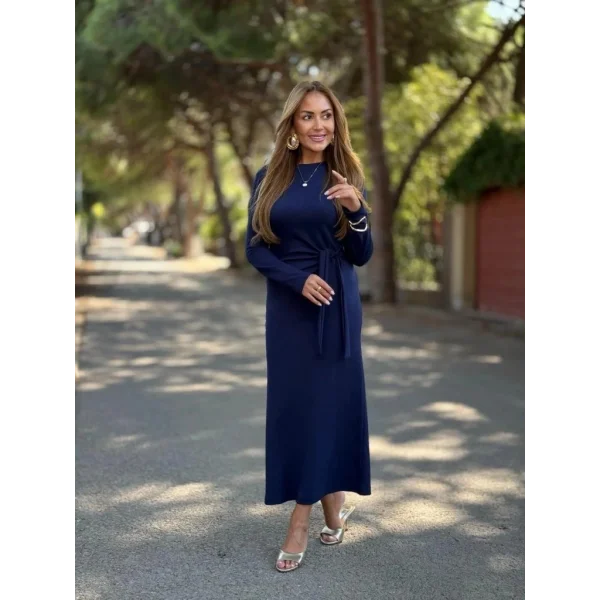 Kadın Uzun Kollu Bisiklet Yaka Yandan Bağlamalı Uzun Modal Elbise