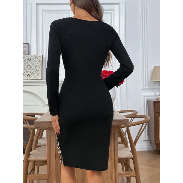 Kadın Uzun Kollu Bisiklet Yaka Yandan Büzgü Ve Leopar Detaylı Mini Ithal Krep Elbise