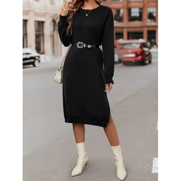 Kadın Uzun Kollu Bisiklet Yaka Yandan Yırtmaçlı Midi Triko Elbise