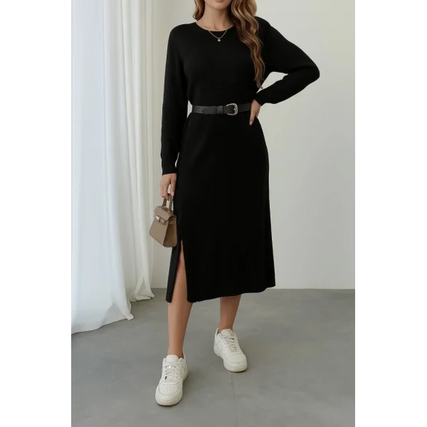 Kadın Uzun Kollu Bisiklet Yaka Yandan Yırtmaçlı Midi Triko Elbise