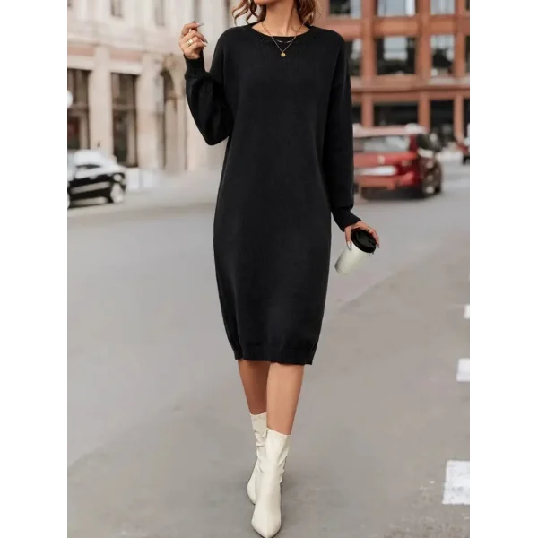 Kadın Uzun Kollu Bisiklet Yaka Yandan Yırtmaçlı Midi Triko Elbise