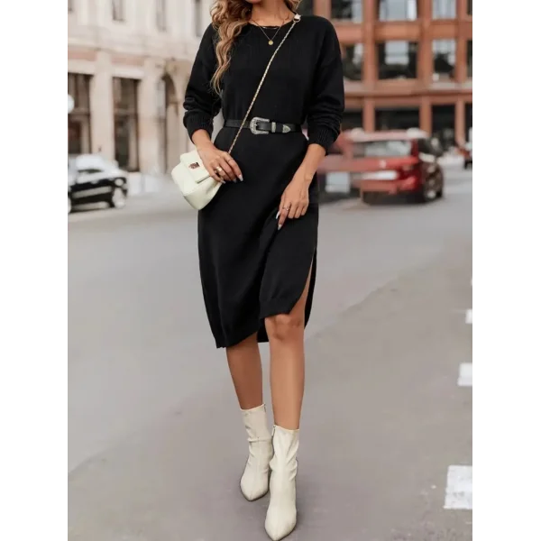Kadın Uzun Kollu Bisiklet Yaka Yandan Yırtmaçlı Midi Triko Elbise