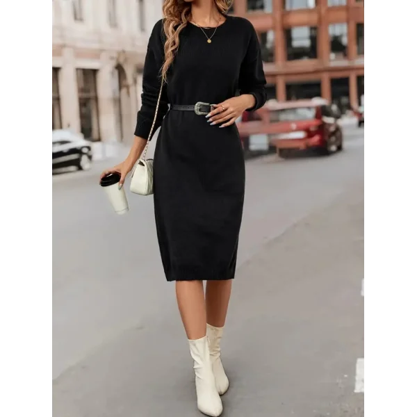 Kadın Uzun Kollu Bisiklet Yaka Yandan Yırtmaçlı Midi Triko Elbise