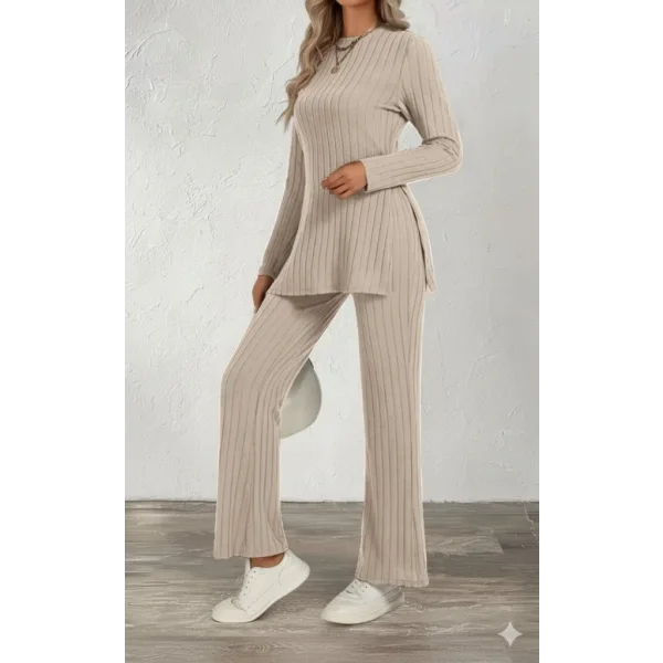 Kadın Uzun Kollu Bisiklet Yaka Yandan Yırtmaçlı şardonlu Kaşkorse Bluz Ve Pantolon Ikili Takım