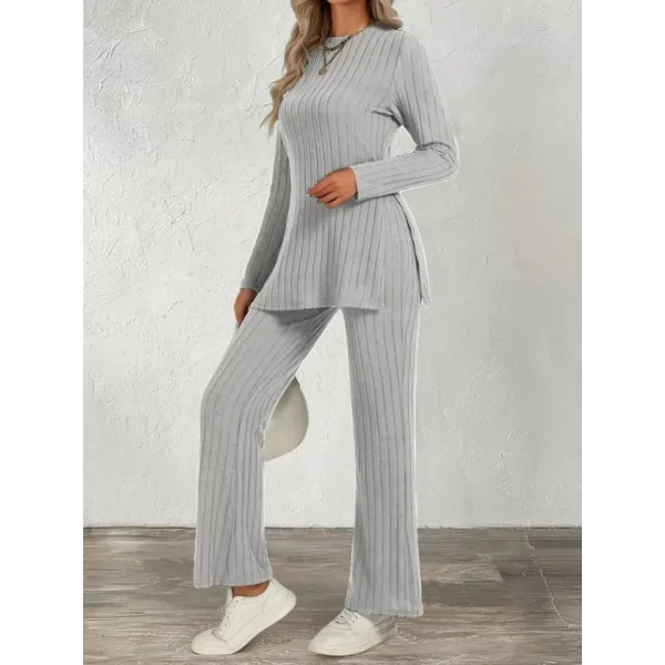 Kadın Uzun Kollu Bisiklet Yaka Yandan Yırtmaçlı şardonlu Kaşkorse Bluz Ve Pantolon Ikili Takım