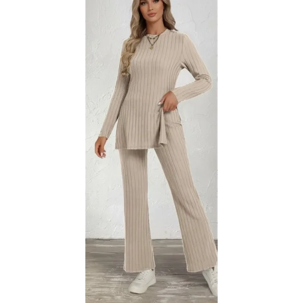 Kadın Uzun Kollu Bisiklet Yaka Yandan Yırtmaçlı şardonlu Kaşkorse Bluz Ve Pantolon Ikili Takım