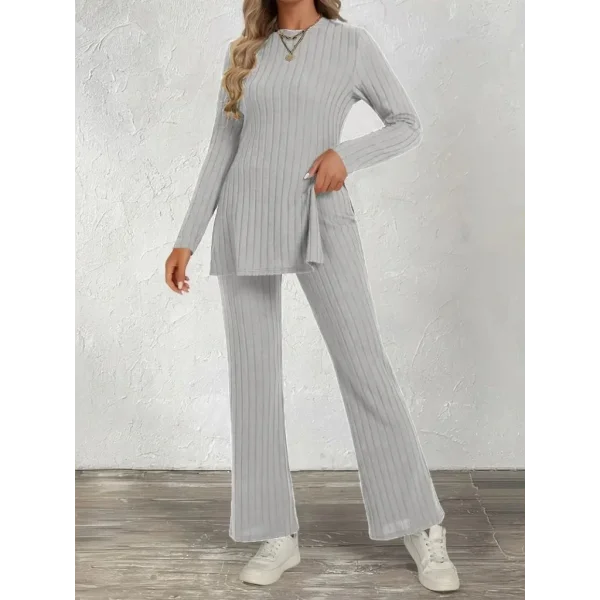 Kadın Uzun Kollu Bisiklet Yaka Yandan Yırtmaçlı şardonlu Kaşkorse Bluz Ve Pantolon Ikili Takım