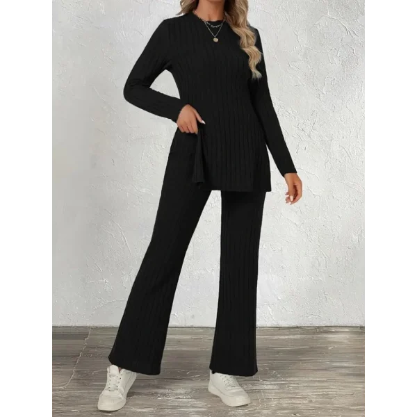 Kadın Uzun Kollu Bisiklet Yaka Yandan Yırtmaçlı şardonlu Kaşkorse Bluz Ve Pantolon Ikili Takım