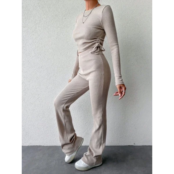 Kadın Uzun Kollu Bisiklet Yaka Yanları Asansör Büzgü Detay Bluz Ve Yüksek Bel Kaşkorse Kumaş Pantolon Ikili Takım