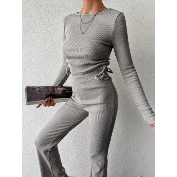 Kadın Uzun Kollu Bisiklet Yaka Yanları Asansör Büzgü Detay Bluz Ve Yüksek Bel Kaşkorse Kumaş Pantolon Ikili Takım