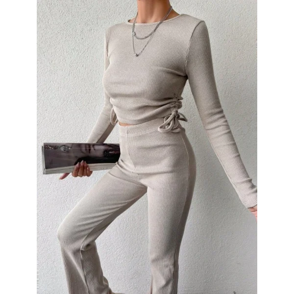 Kadın Uzun Kollu Bisiklet Yaka Yanları Asansör Büzgü Detay Bluz Ve Yüksek Bel Kaşkorse Kumaş Pantolon Ikili Takım