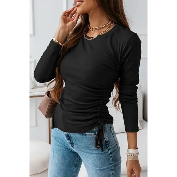 Kadın Uzun Kollu Bisiklet Yaka Yanları Ve Kolları Büzgülü Kadife Bluz