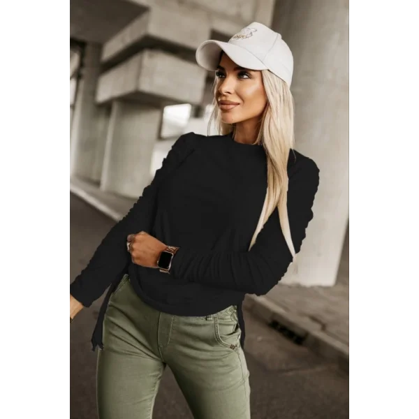 Kadın Uzun Kollu Bisiklet Yaka Yanları Ve Kolları Büzgülü Kadife Bluz