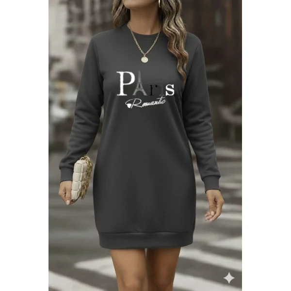 Kadın Uzun Kollu Bisiklet Yaka Yazılı Kısa Viskon Iki Iplik Elbise