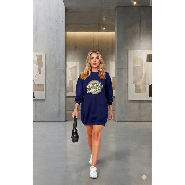 Kadın Uzun Kollu Bisiklet Yaka Yazılı Viskon Iki Iplik Elbise