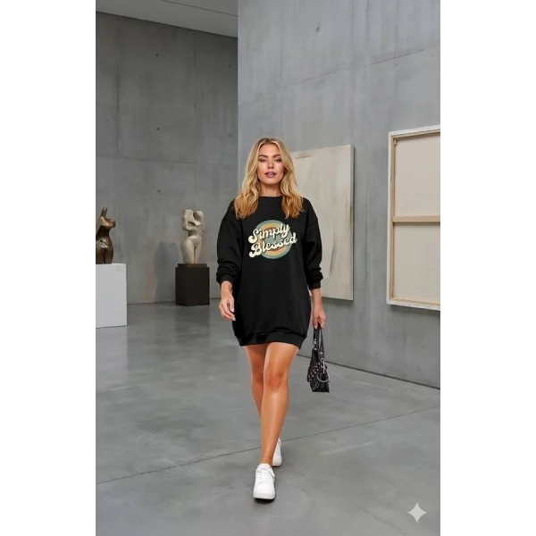 Kadın Uzun Kollu Bisiklet Yaka Yazılı Viskon Iki Iplik Elbise