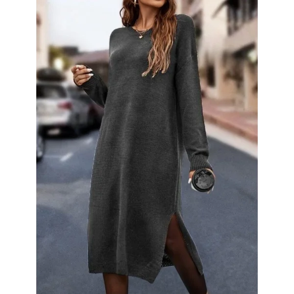 Kadın Uzun Kollu Bisiklet Yaka Yırtmaç Detay Triko Midi Boy Elbise