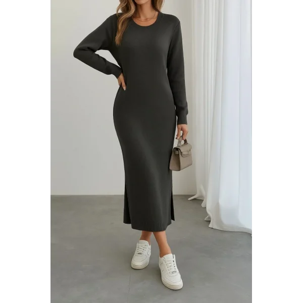 Kadın Uzun Kollu Bisiklet Yaka Yırtmaç Detay Triko Midi Boy Elbise