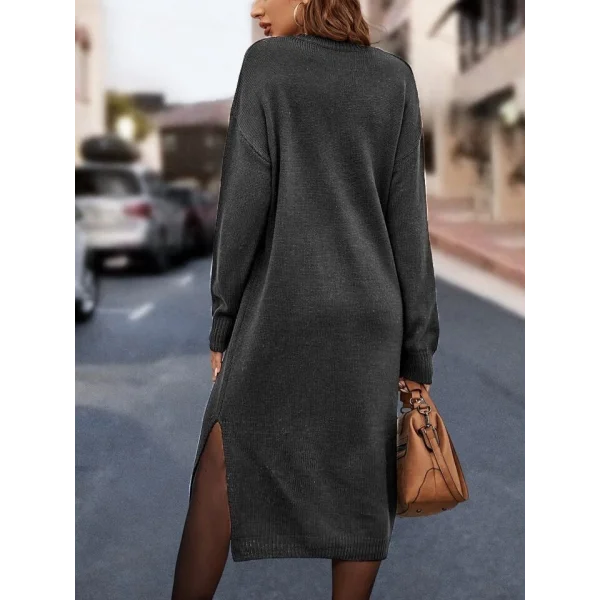 Kadın Uzun Kollu Bisiklet Yaka Yırtmaç Detay Triko Midi Boy Elbise