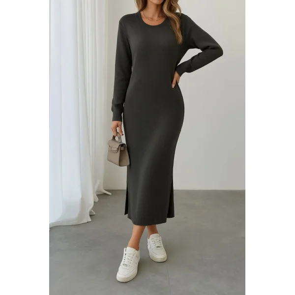 Kadın Uzun Kollu Bisiklet Yaka Yırtmaç Detay Triko Midi Boy Elbise